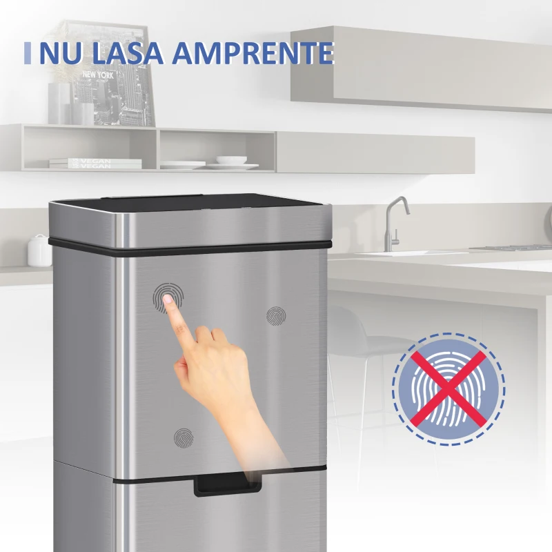 HOMCOM Cos de gunoi inteligent cu senzor , Capacitate 72 l, 3 Compartimente, 42 x 30 x 81 cm, Inox / ABS, Argintiu(m-5)