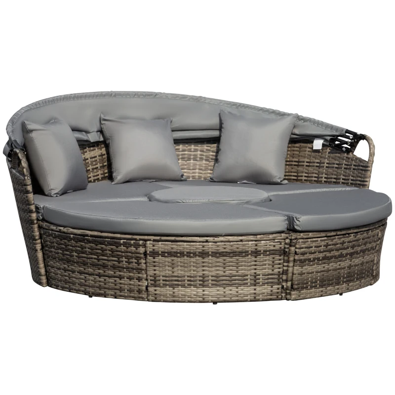 Outsunny Outdoor PE Rattan Garden Furniture with Cushions, Patio Wicker Conversation Set, Round Daybed with Retractable Canopy, Coffee Table, and Three Pillows, Dark Grey
