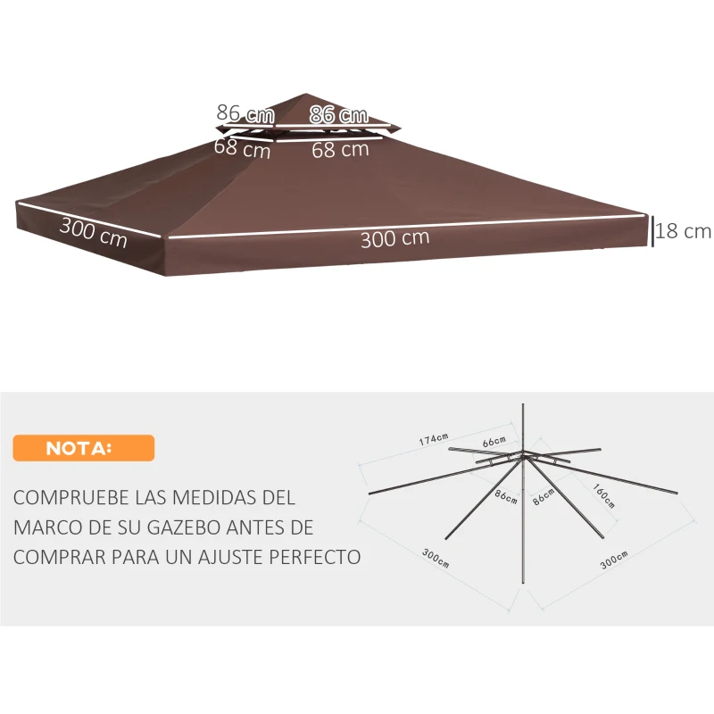 Outsunny Vervangend dak voor metalen tuinpaviljoen 3x3 m, partytent tuinpaviljoen, tuintentdak, Koffiebruin