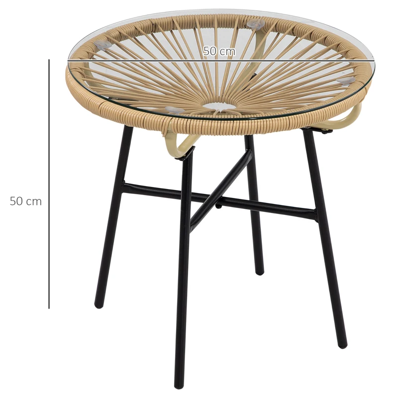 Outsunny Mesa Auxiliar de Vime Sintético para Exteriores com Bancada de Vidro Temperado e Pés de Metal Ø50x50 cm Bege e Preto