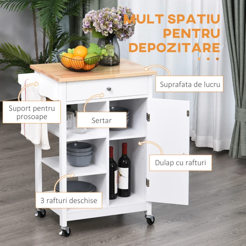 HOMCOM carucior bucatarie, din lemn, 66x39,5x86,5cm, alb(m-4)