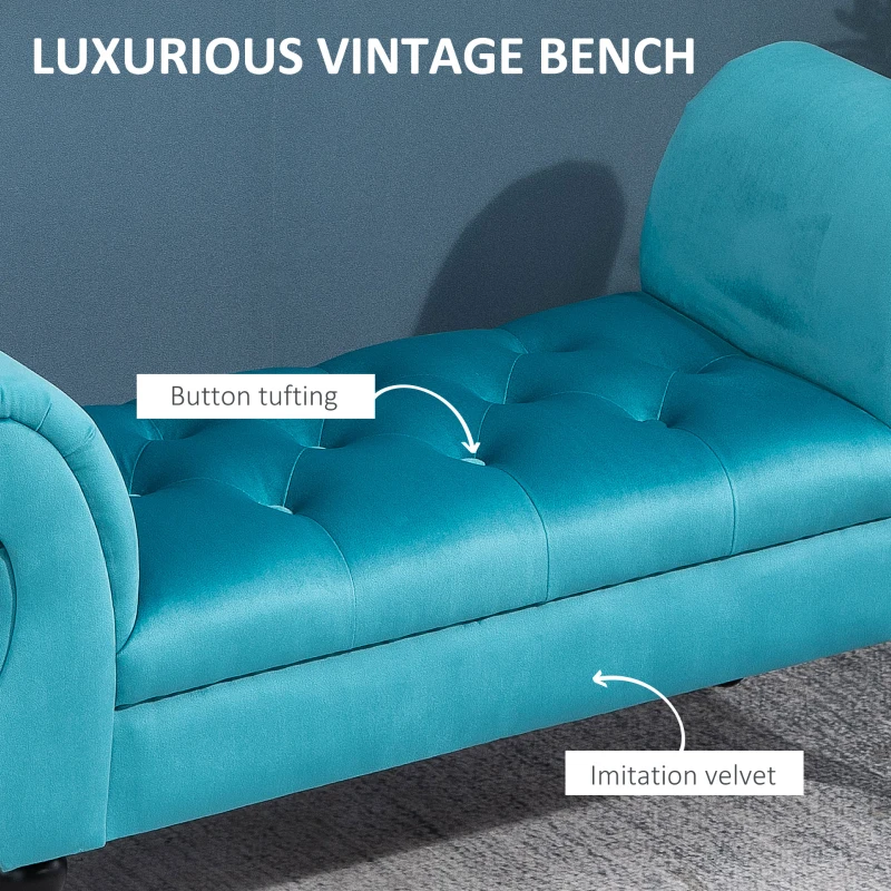 HOMCOM Chaise Captusita Stil Vintage cu Cotiere Tapitate si Cadru din Lemn, Albastru deschis 117x40x58Hcm(m-5)