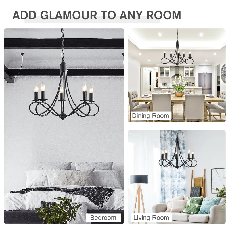 HOMCOM Candelabru Suspendat si Impletit pentru Tavan, Lustra din Otel cu 5 Sfesnice, Plafoniera suspendata, 158x45Hcm Negru