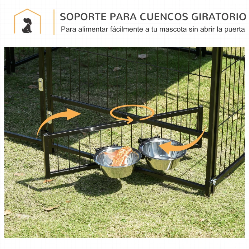 PawHut Parque para Perros con Toldo Perrera Metálica de Exterior con Soporte Giratorio para Comida 2 Cuencos Incluidos y Cerradura para Mascotas Jardín 141x141x151 cm Negro