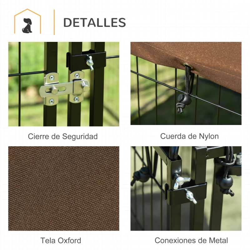 PawHut Parque para Perros con Toldo Perrera Metálica de Exterior con Soporte Giratorio para Comida 2 Cuencos Incluidos y Cerradura para Mascotas Jardín 141x141x151 cm Negro