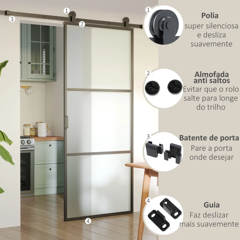 HOMCOM Ferragem para Porta de Correr Kit de Acessórios para Porta Corredeira com 2 Trilhos de Aço de Carbono 200x40x0,6cm Preto