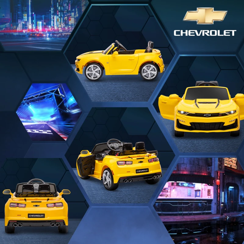 HOMCOM  Masina Chevy Camaro cu licenta 12V, alimentata cu baterii, telecomanda pentru parinti, masina electrica pentru copii cu suspensie cu arc, motor dublu, claxon, muzica, faruri, stopuri, galben