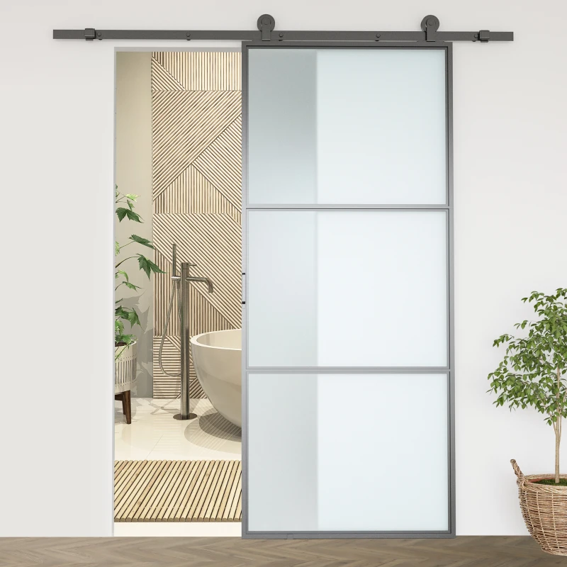 HOMCOM Ferragem para Porta de Correr Kit de Acessórios para Porta Corredeira com 2 Trilhos de Aço de Carbono 200x40x0,6cm Preto