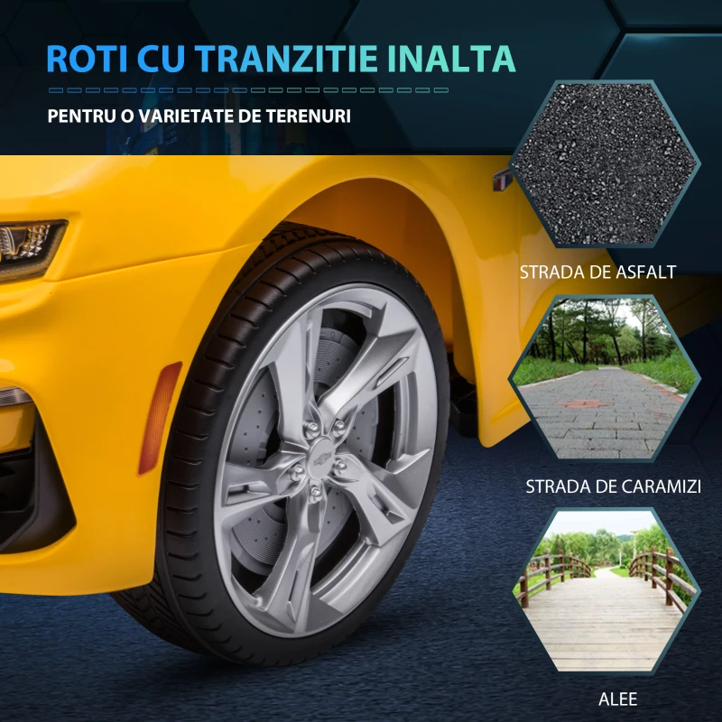 HOMCOM  Masina Chevy Camaro cu licenta 12V, alimentata cu baterii, telecomanda pentru parinti, masina electrica pentru copii cu suspensie cu arc, motor dublu, claxon, muzica, faruri, stopuri, galben