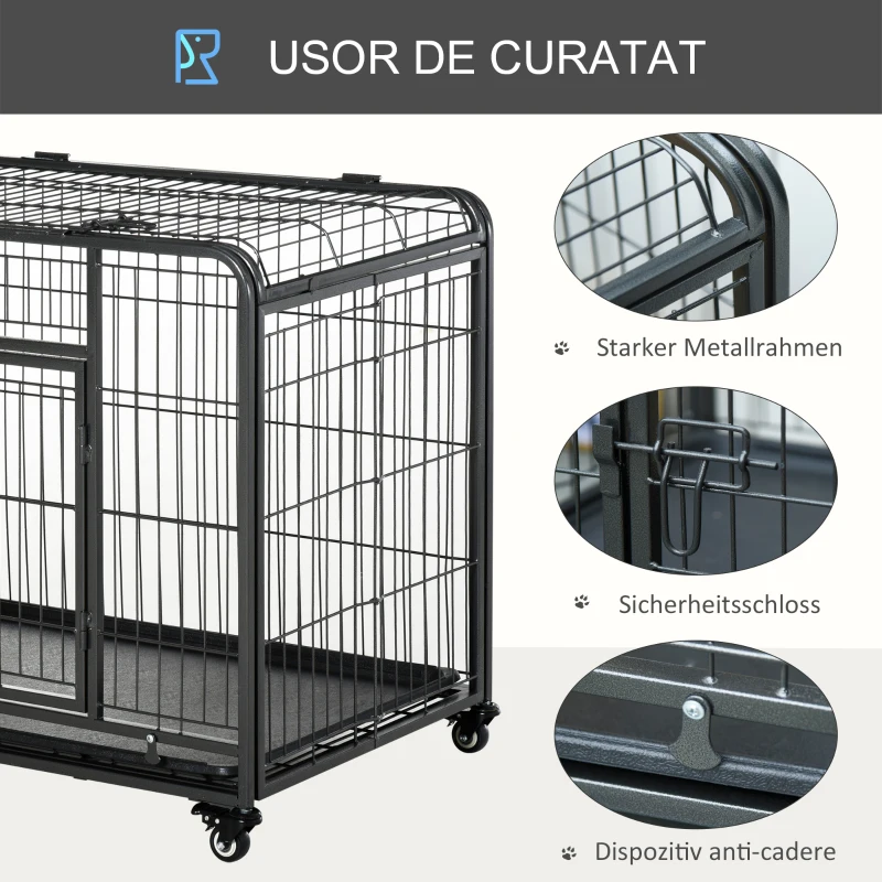 PawHut Kennel pentru Caini Pliabil Usa cu Blocare 4 Roti Fund Detasabil
