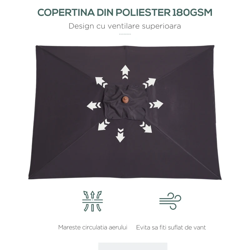 Outsunny Umbrela de Gradina Rabatabila  2x1.5m, 6 Stinghii si Stalp din Lemn de Brad Deschidere cu Coarda, Gri Inchis