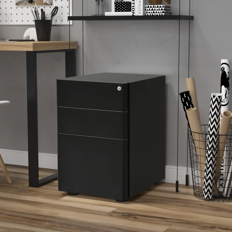 Vinsetto Lockable Cabinet, Rolling Filing Cabinet with 3 Drawers, Steel Office Drawer Unit for A4, Letter, Legal Sized Files