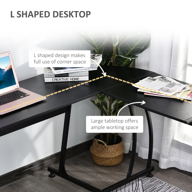 HOMCOM L Shape Computer Desk Corner Display Table Laptop Study Desk Minimalist Space Saving Wood Steel Gaming PC Workstation for Home Office 112.5x152x74cm Black