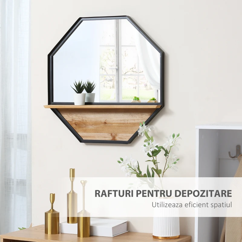 HOMCOM Oglinda de perete octogonala 61x61cm cu raft de depozitare din lemn