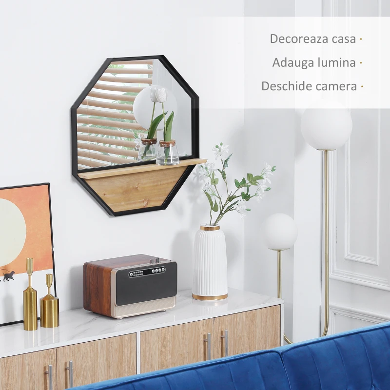 HOMCOM Oglinda de perete octogonala 61x61cm cu raft de depozitare din lemn