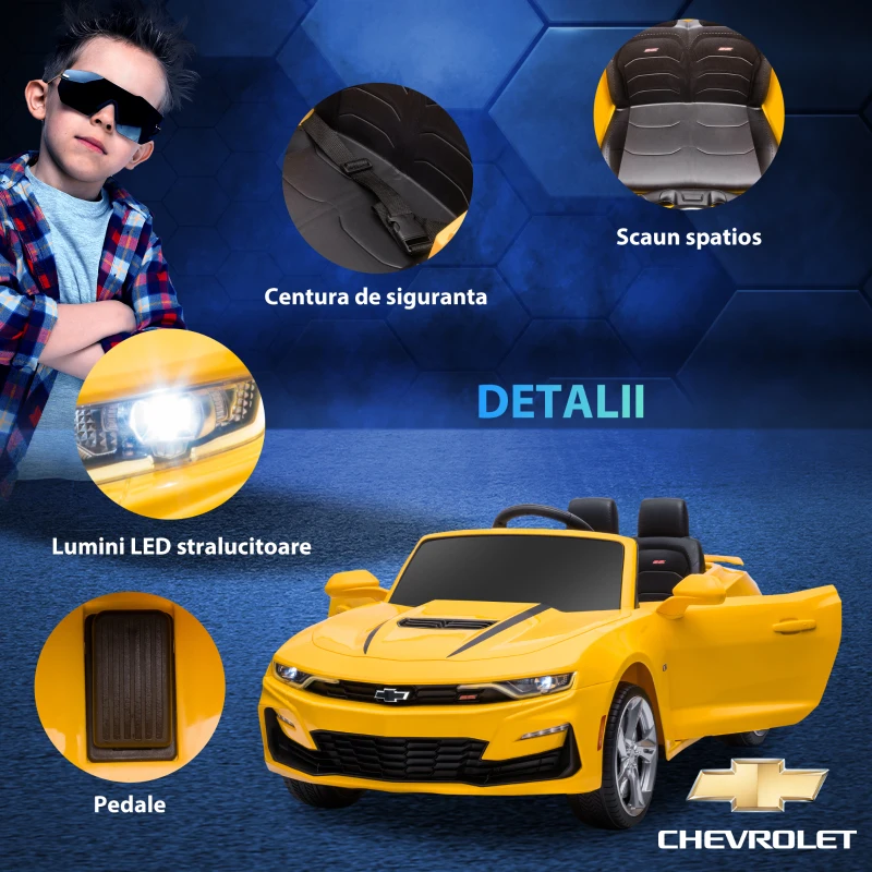 HOMCOM  Masina Chevy Camaro cu licenta 12V, alimentata cu baterii, telecomanda pentru parinti, masina electrica pentru copii cu suspensie cu arc, motor dublu, claxon, muzica, faruri, stopuri, galben