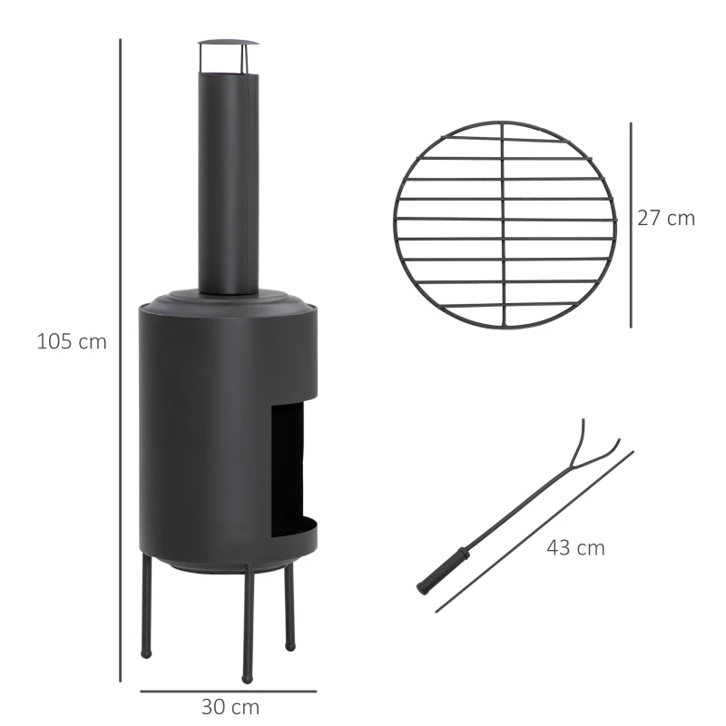 Outsunny Lareira de Jardim com Atiçador e Chaminé para Fumaça 30x30x105cm Preto