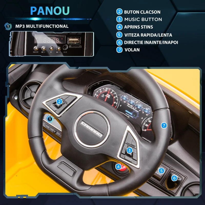 HOMCOM  Masina Chevy Camaro cu licenta 12V, alimentata cu baterii, telecomanda pentru parinti, masina electrica pentru copii cu suspensie cu arc, motor dublu, claxon, muzica, faruri, stopuri, galben
