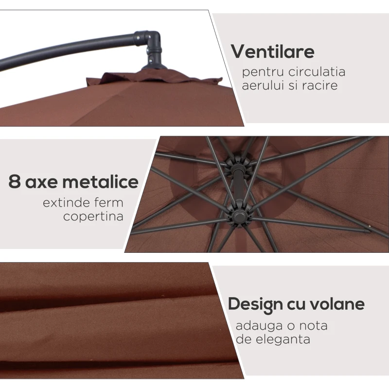 Outsunny Umbrela Soare Descentrata de Gradina cu Colt Inclinabil din Metal si Poliester, Cafea, Φ3×2.6m