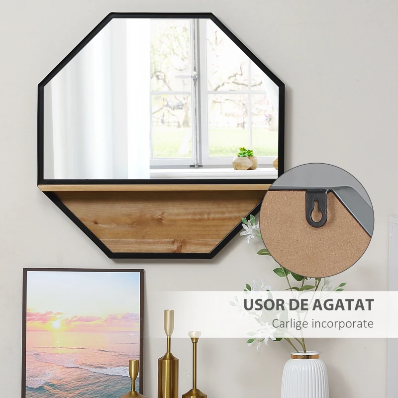 HOMCOM Oglinda de perete octogonala 61x61cm cu raft de depozitare din lemn
