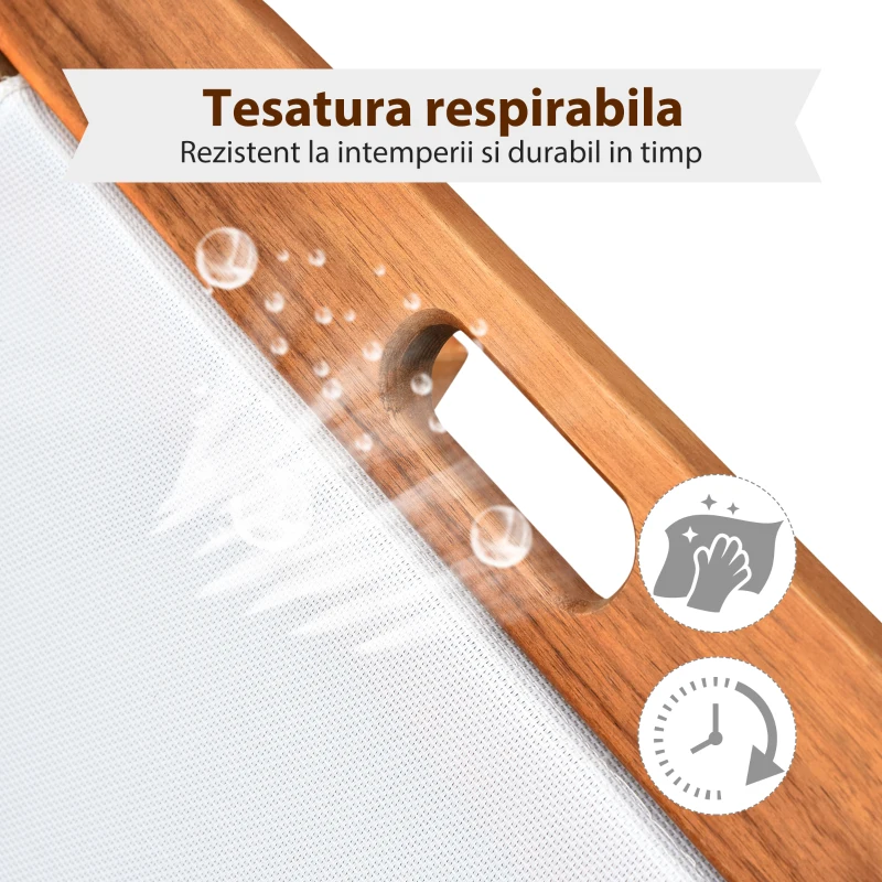 Outsunny Sezlong din Lemn de Salcam cu Roti si Spatar Reglabil, Alb