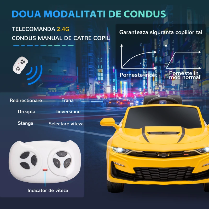 HOMCOM  Masina Chevy Camaro cu licenta 12V, alimentata cu baterii, telecomanda pentru parinti, masina electrica pentru copii cu suspensie cu arc, motor dublu, claxon, muzica, faruri, stopuri, galben