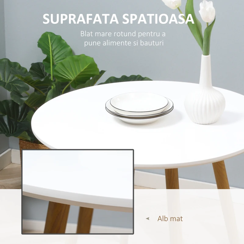 HOMCOM Masa de sufragerie moderna cu blat mat si picioare metalice, sufragerie living, alb