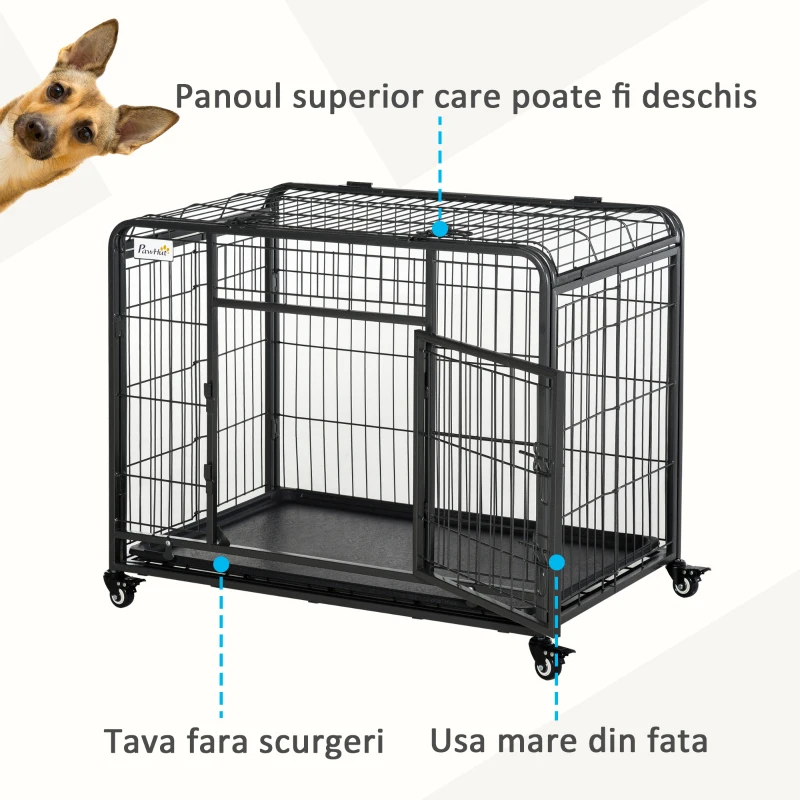 PawHut Kennel pentru Caini Pliabil Usa cu Blocare 4 Roti Fund Detasabil