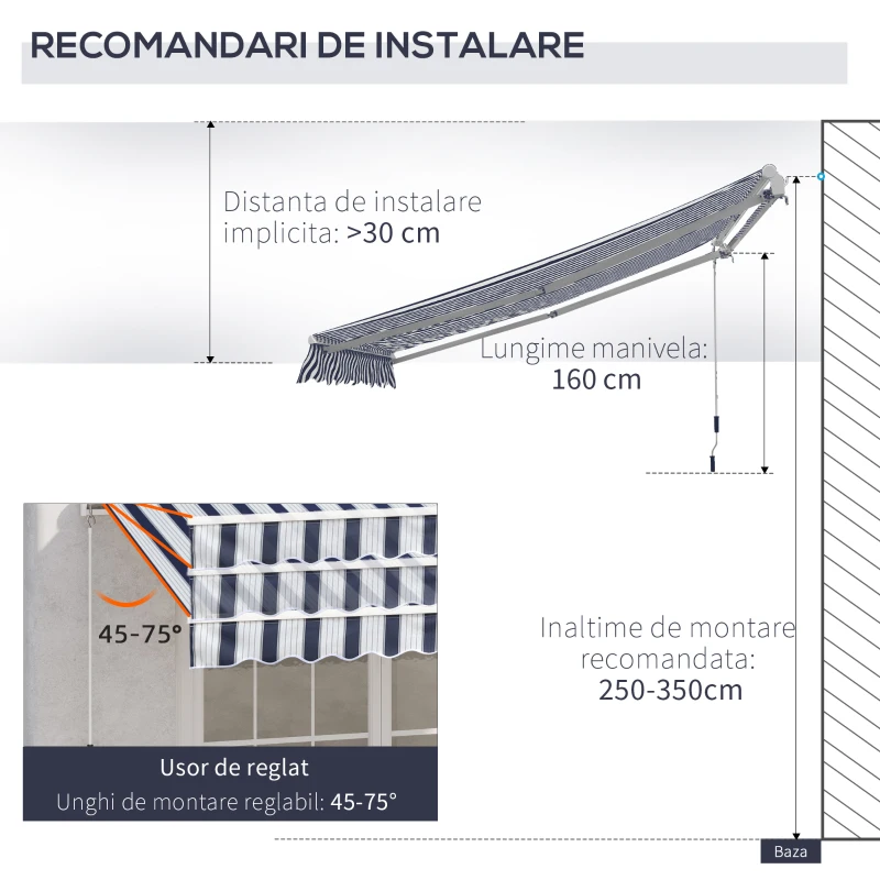 Outsunny Copertina de Soare pentru Exterior Reglare cu Manivela, din Aluminiu si Poliester, 295x250cm, Albastru si Alb