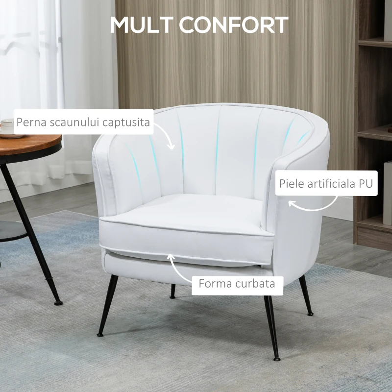 HOMCOM Fotoliu modern din piele artificiala cu picioare de otel, scaun decorativ tapitat, pentru sufragerie si dormitor, alb
