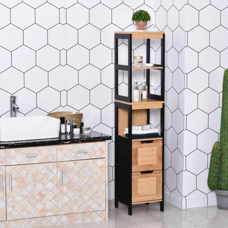 Kleankin Tall Cabinet, Bathroom Free Standing Cabinet, Bamboo Tall Storage Cabinet with Shelf, Freestanding  Furniture