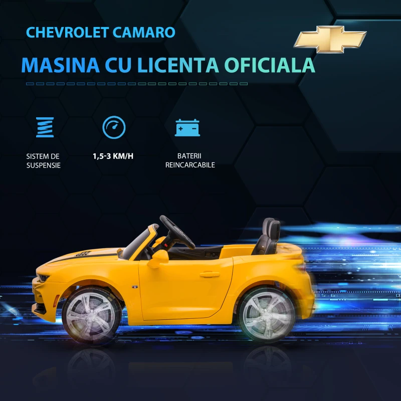 HOMCOM  Masina Chevy Camaro cu licenta 12V, alimentata cu baterii, telecomanda pentru parinti, masina electrica pentru copii cu suspensie cu arc, motor dublu, claxon, muzica, faruri, stopuri, galben