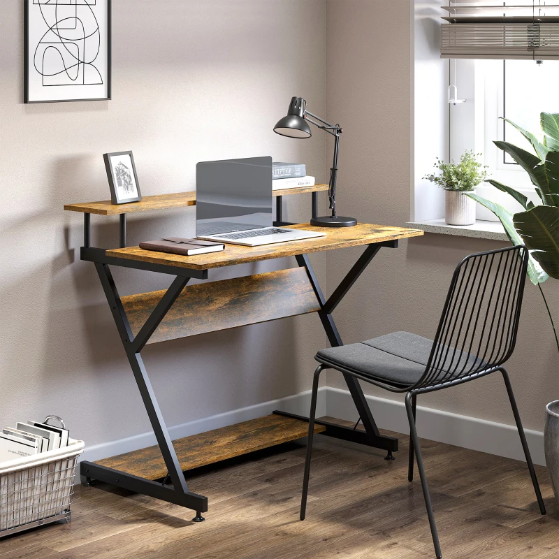 HOMCOM Industrial Computer Desk with Monitor Stand, 100 x 60cm Compact Desk for Small Spaces, Home Office Desk, Rustic Brown