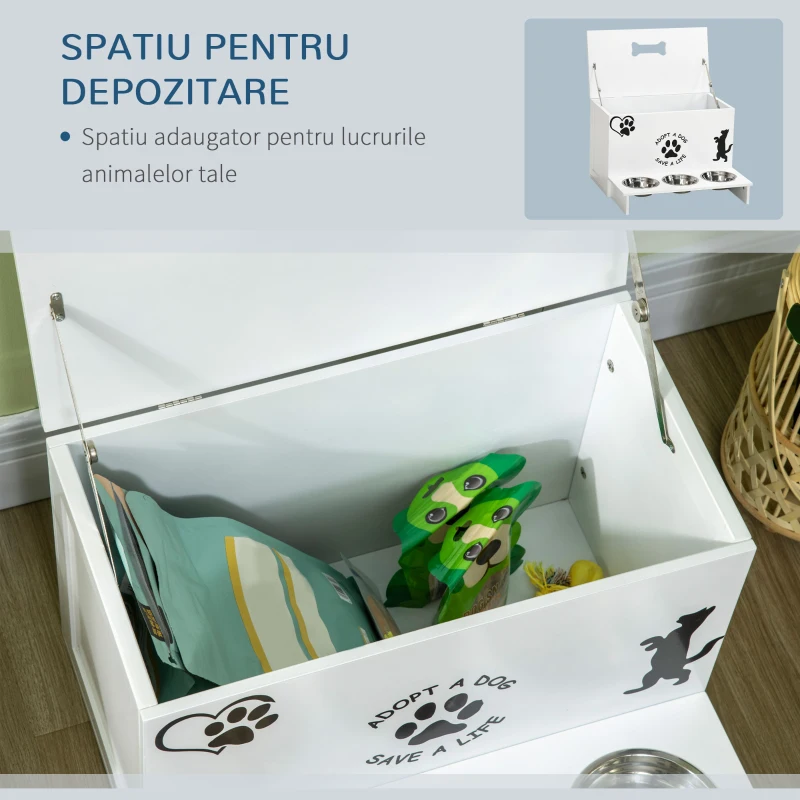 PawHut Set de 3 boluri pentru caini 500 ml cu spatiu de depozitare din MDF si suport din otel inoxidabil, 57x53x37,5 cm, alb