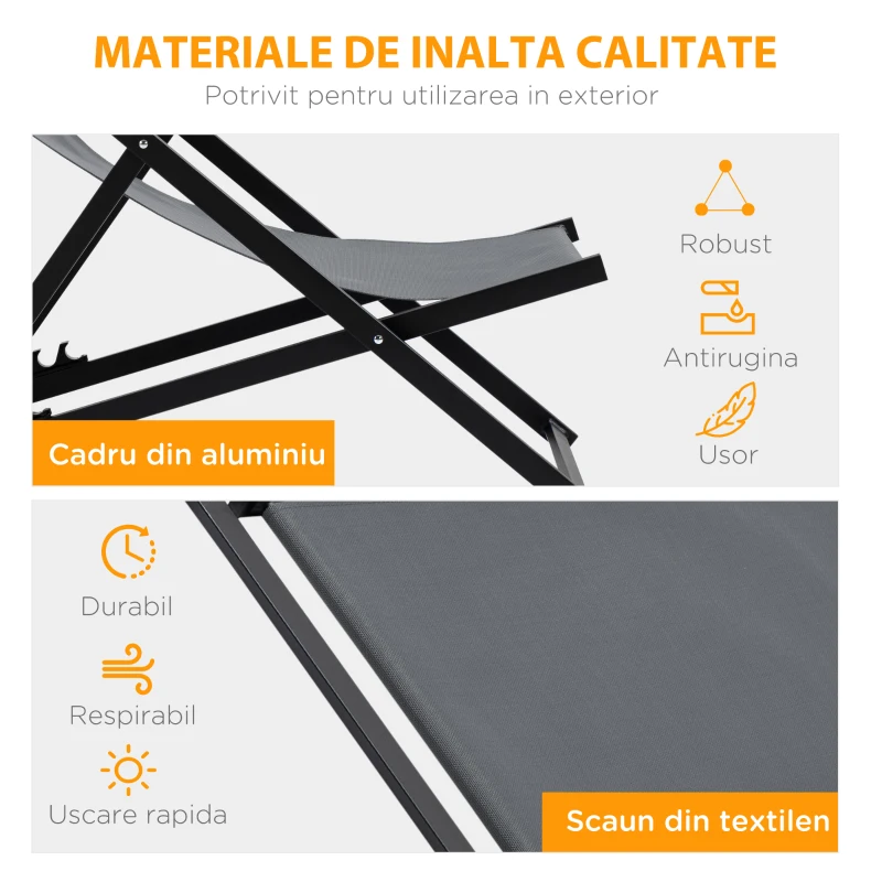 Outsunny Set 2 Sezlonguri Pliabile din Alumini si Textilen Gri
