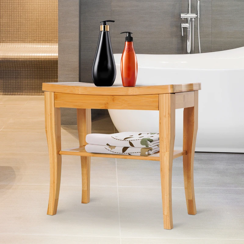 HOMCOM 45cm 2-Tier Slatted Shower Bench Storage Seat w/ 4 Legs Comfortable Safe Bathroom Stool Spa Bath Organiser