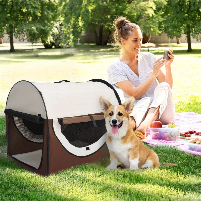 PawHut 81cm Foldable Pet Carrier for Medium Small Dogs, Portable Cat Carrier, Soft Travel Bag, Brown