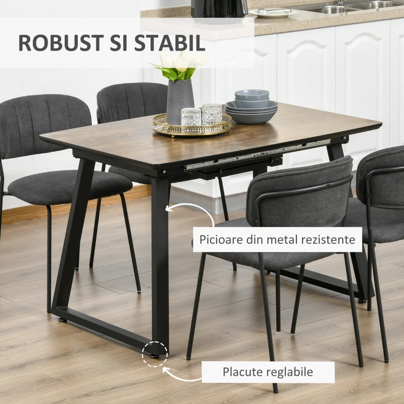 HOMCOM Masa de sufragerie extensibila Blat dreptunghiular cu efect de lemn pentru 4-6 persoane cu cadru metalic si frunze ascunse pentru bucatarie, sufragerie, living