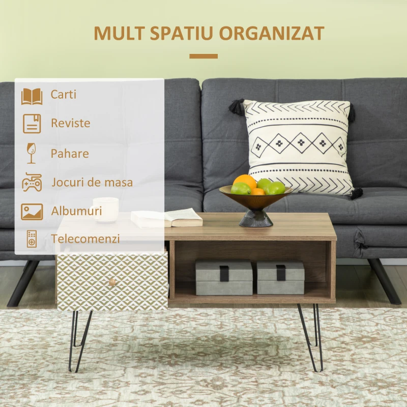 HOMCOM Masa de cafea industriala, masa centrala cu sertar si compartimente de depozitare deschise, picioare metalice ridicate, pentru camera de zi, maro deschis