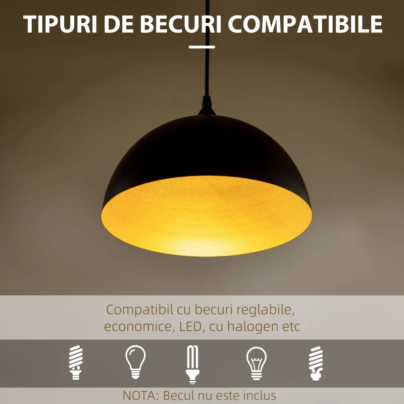 HOMCOM Lustra suspendata in stil industrial cu inaltime reglabila, plafoniera cu 2 piese metalice suspendate cu suruburi incluse, Ø30x126 cm, negru