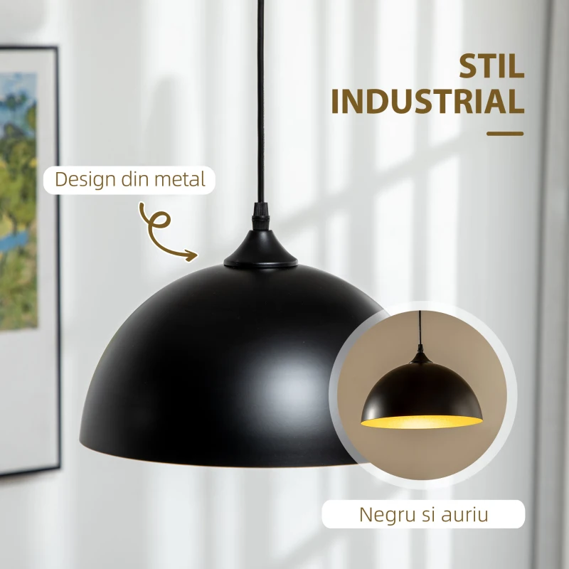 HOMCOM Lustra suspendata in stil industrial cu inaltime reglabila, plafoniera cu 2 piese metalice suspendate cu suruburi incluse, Ø30x126 cm, negru