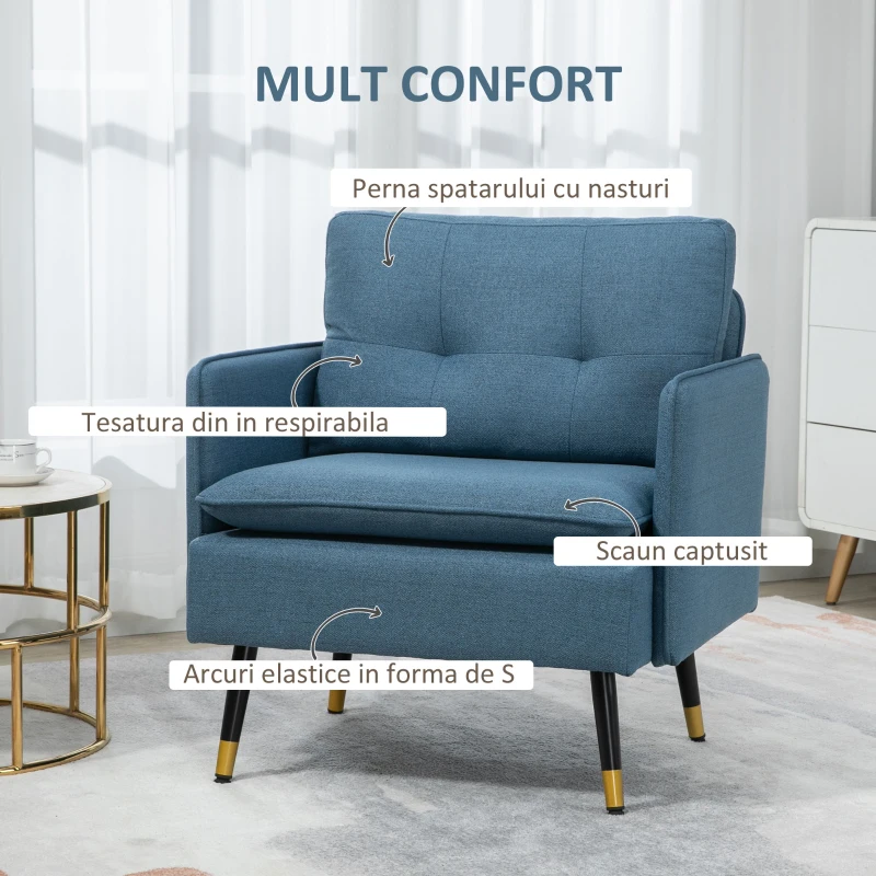 HOMCOM Fotolii moderne HOMCOM cu picioare din otel, scaune de accent tapitate cu nasturi pentru camera de zi si dormitor, albastru inchis