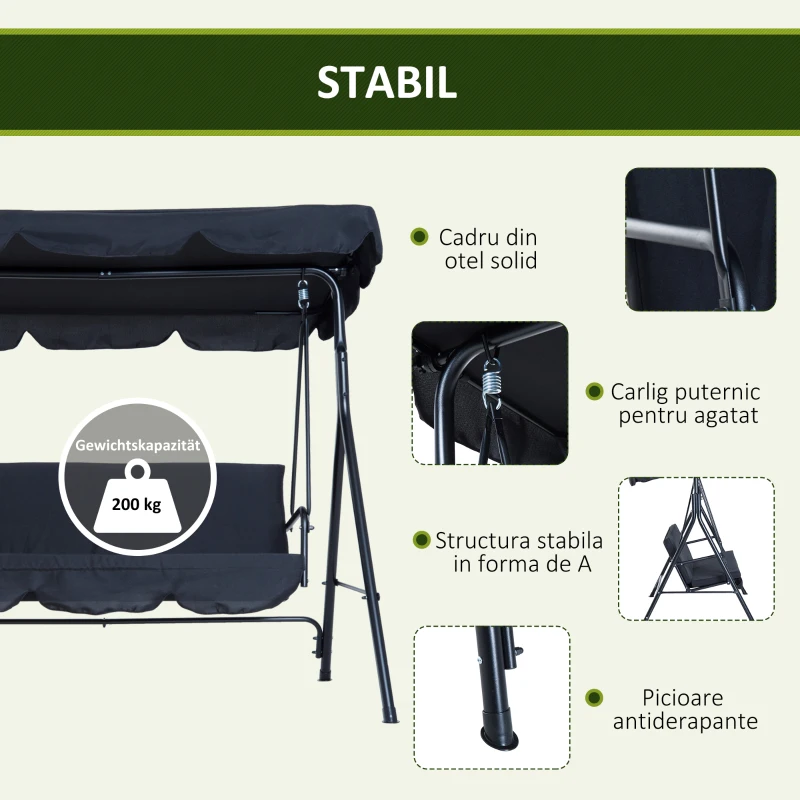 Outsunny, leagan de gradina 3 locuri, 172×110×152 cm, negru