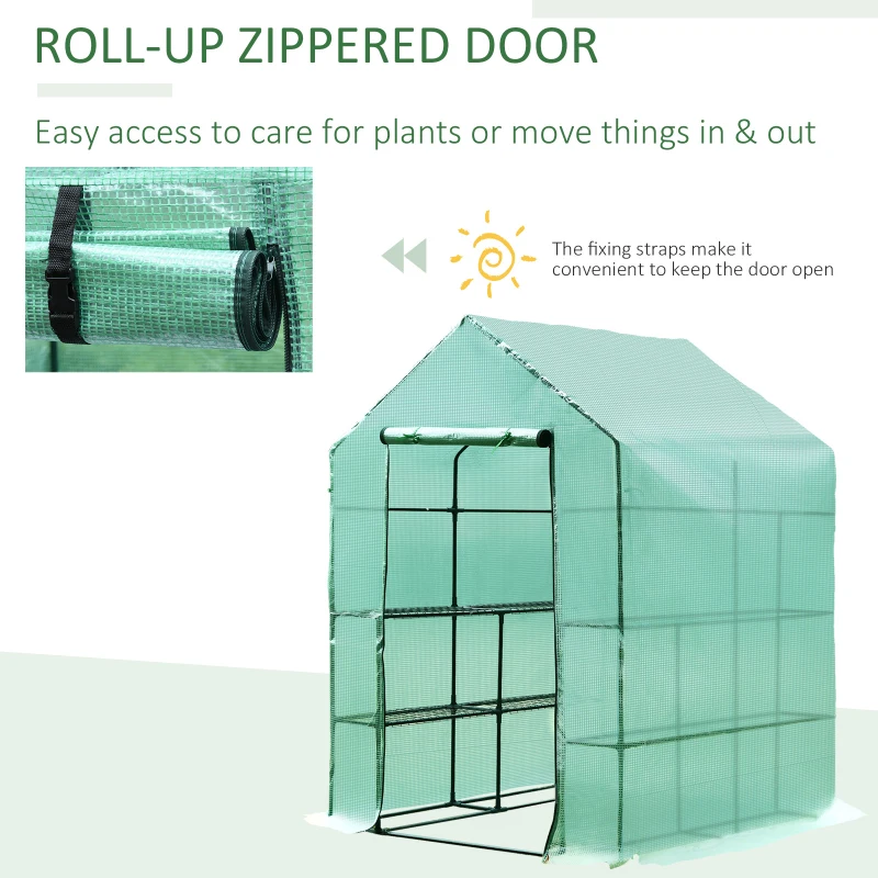 Outsunny 143x143x195 cm Walk in Greenhouse W/ Shelves-Dark Green