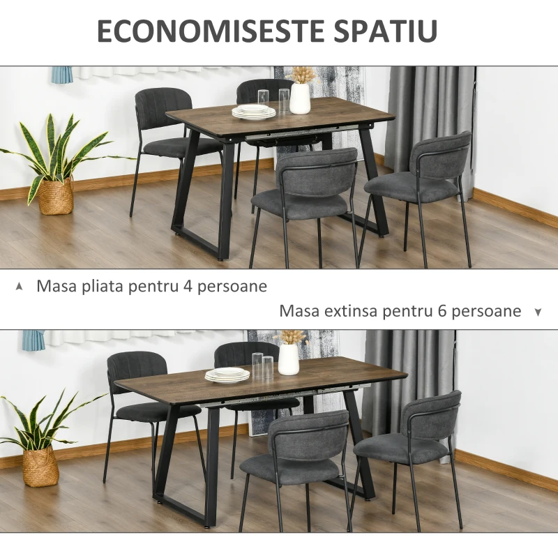 HOMCOM Masa de sufragerie extensibila Blat dreptunghiular cu efect de lemn pentru 4-6 persoane cu cadru metalic si frunze ascunse pentru bucatarie, sufragerie, living