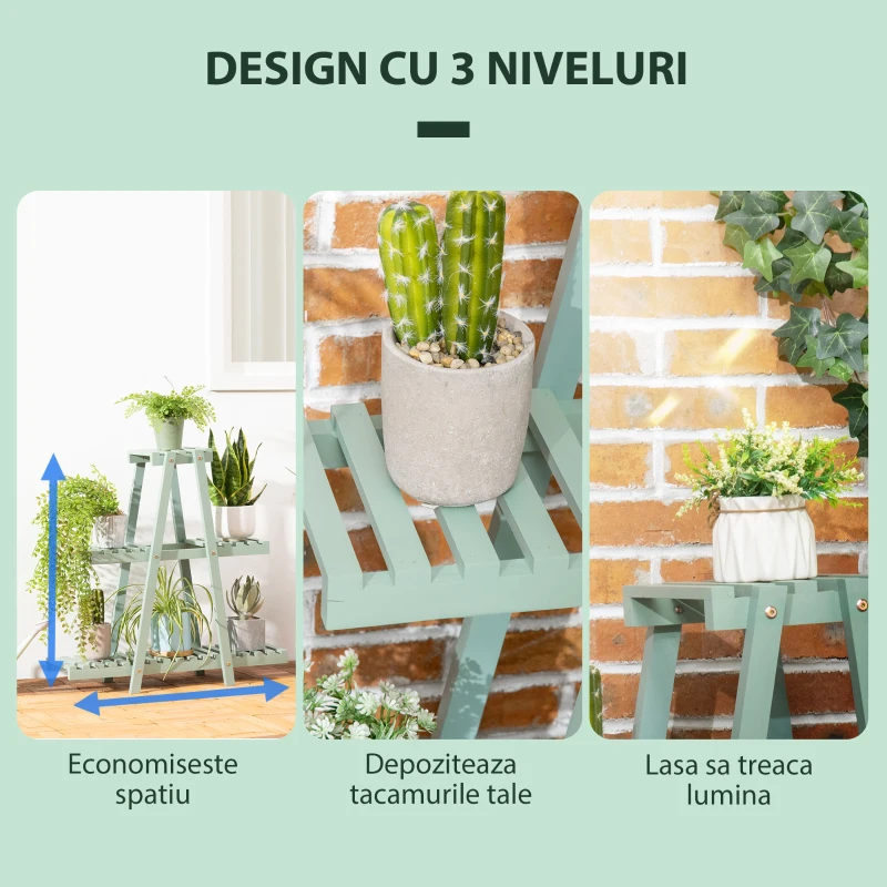 Outsunny Suport pentru plante din lemn de brad cu 3 niveluri pentru interior si exterior, 76x26x76cm, verde deschis