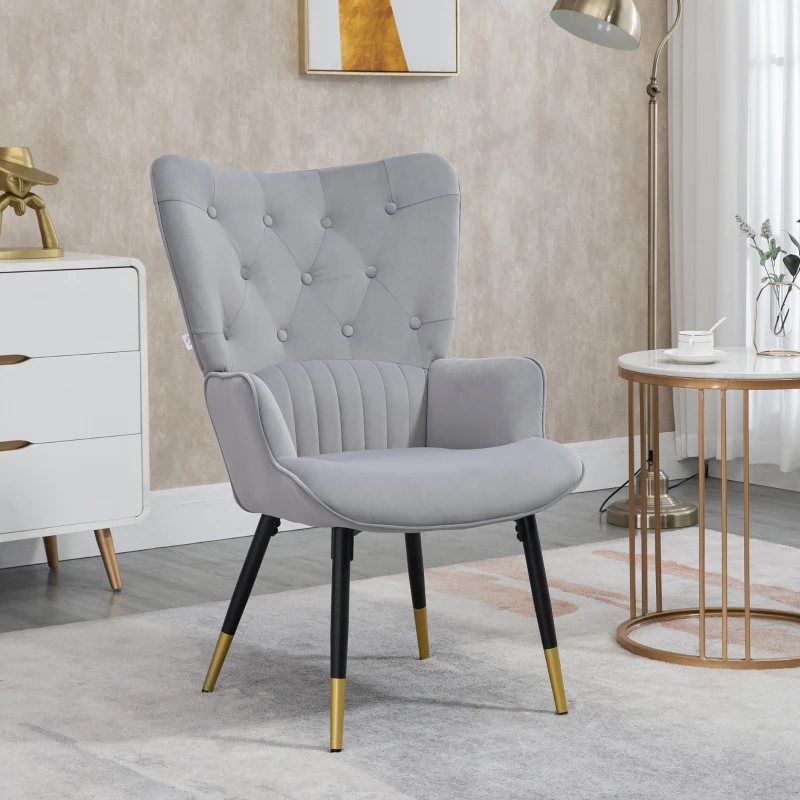 HOMCOM Poltrona Individual Estofada em Veludo com Encosto Alto Apoio para os Braços e Pés de Aço Estilo Moderno 68x72x103cm Cinza