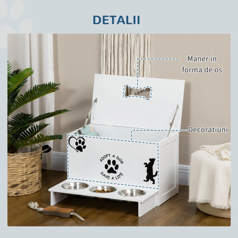 PawHut Set de 3 boluri pentru caini 500 ml cu spatiu de depozitare din MDF si suport din otel inoxidabil, 57x53x37,5 cm, alb