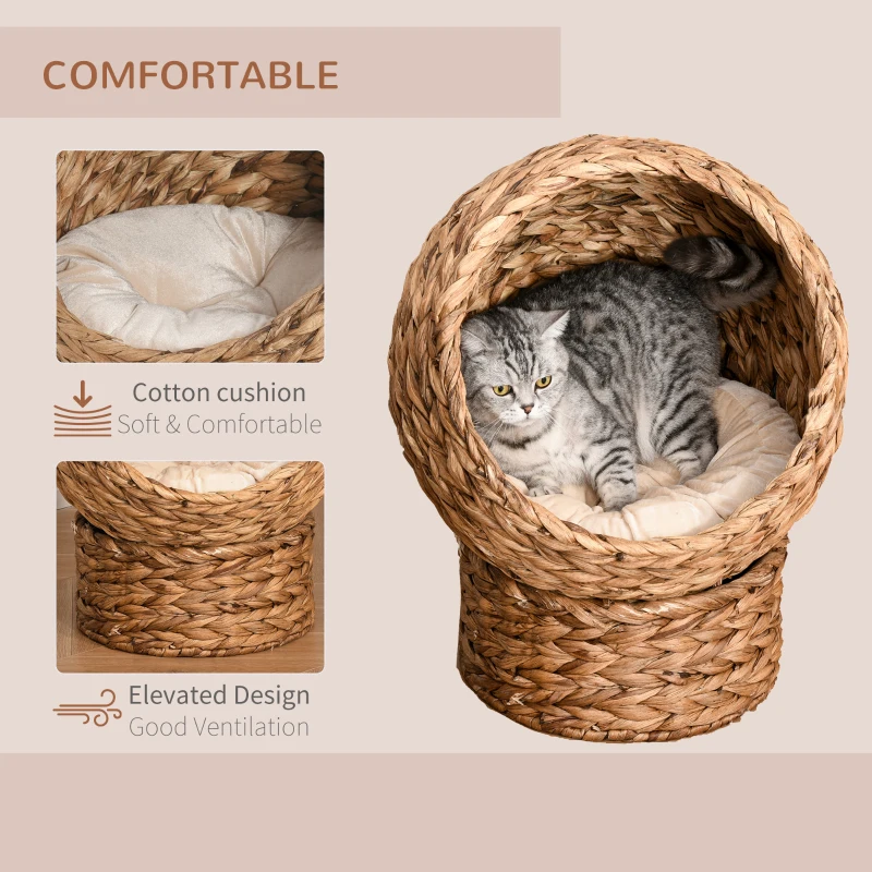 PawHut Elevated Wicker Cat Bed, Woven Banana Leaf Kitten Basket Cozy Cave with Soft Cushion, 40x37x51cm