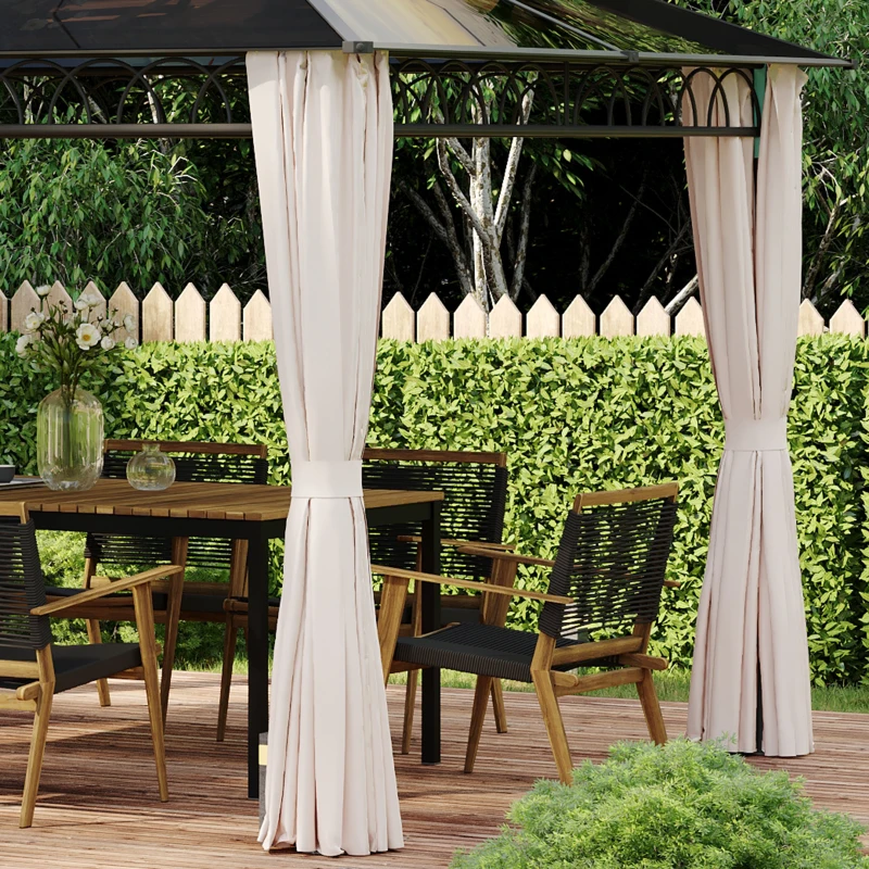 Outsunny Pérgola de Jardim 3,6x3m com Teto Duplo de Policarbonato 4 Cortinas Laterais Mosquiteiras com Zíper Preto Cinza e Cáqui